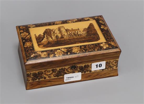 A Tunbridge Ware rectangular jewellery box decorated with Tonbridge Castle and tesselated bands 21cm